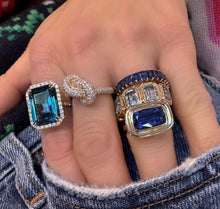 One of a Kind Emerald Cut London Blue Topaz Ring with Diamond Frame