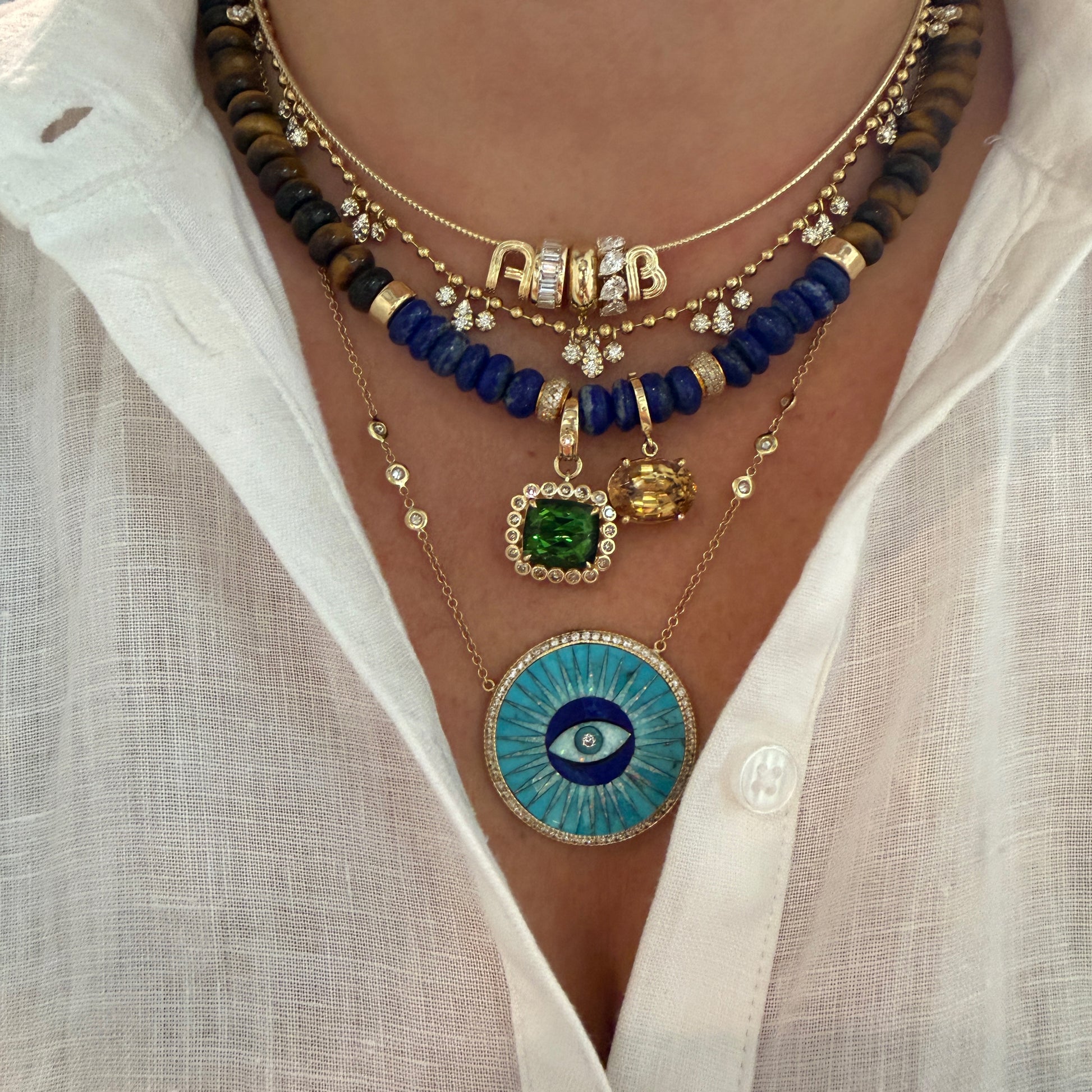 Opal & Turquoise Eye Burst Inlay Necklace with Pave Diamonds