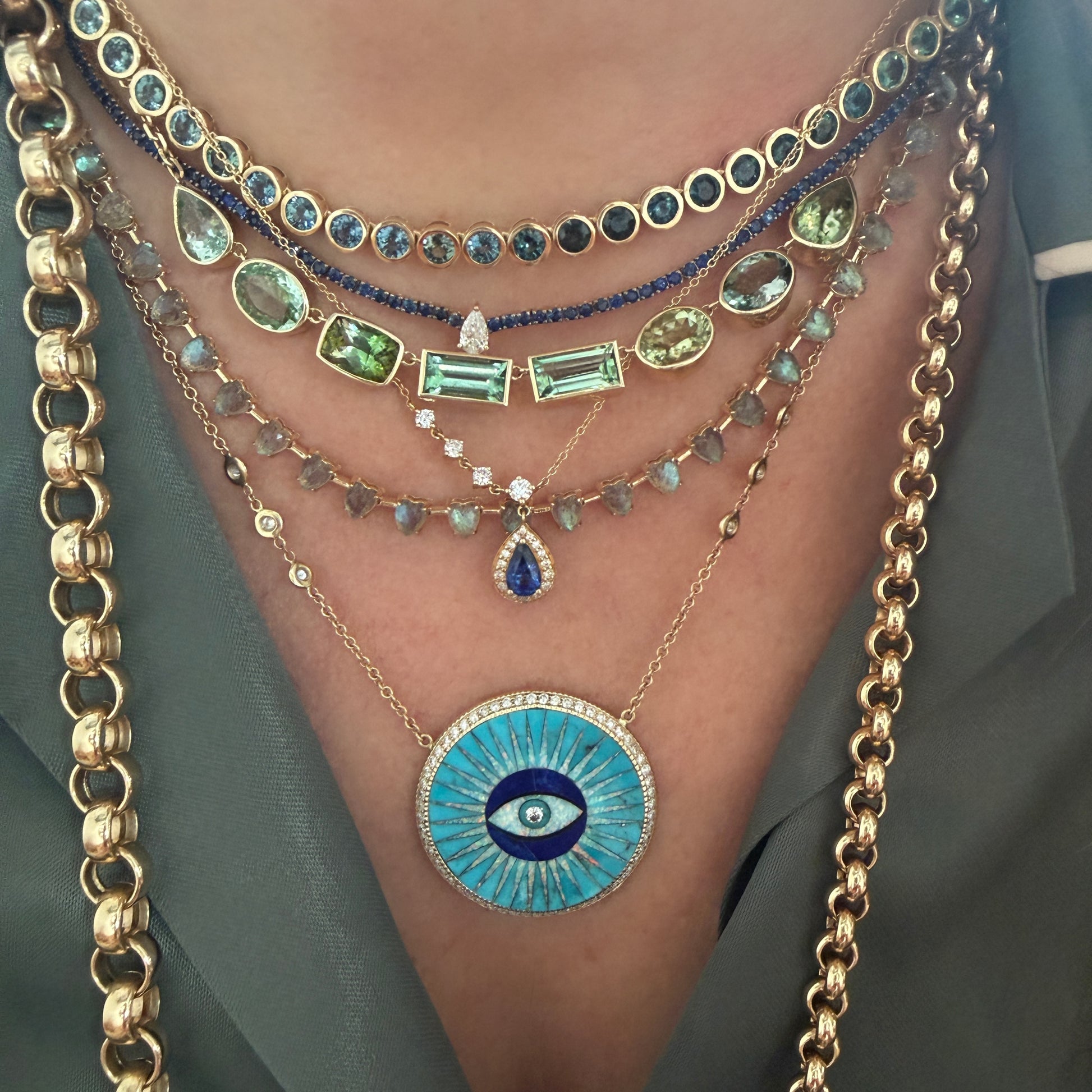Opal & Turquoise Eye Burst Inlay Necklace with Pave Diamonds