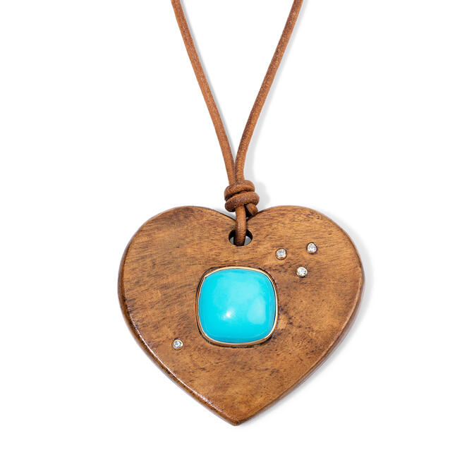 Heart Wood Pendant Necklace with Turquoise Cushion & Diamonds
