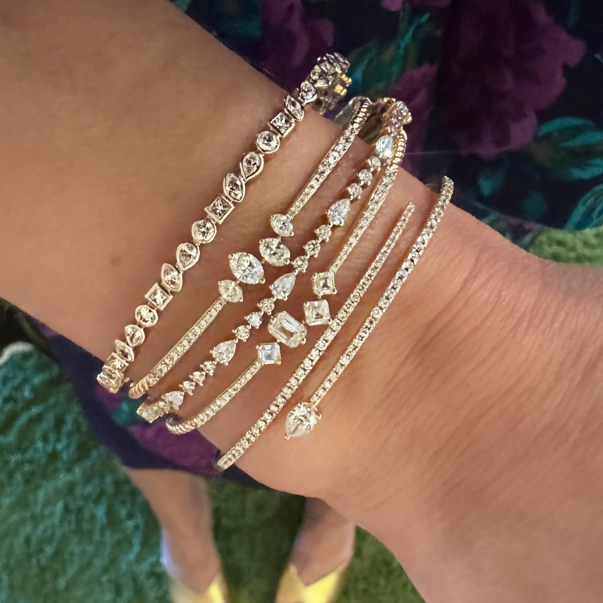 Pave Diamond Bangle with Solitaire Mixed Shape Diamonds