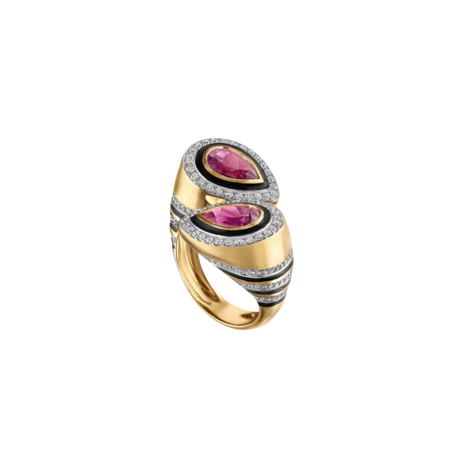 Pear Pink Tourmaline or Emerald Bypass Ring with Black Enamel