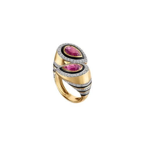 Pear Pink Tourmaline or Emerald Bypass Ring with Black Enamel