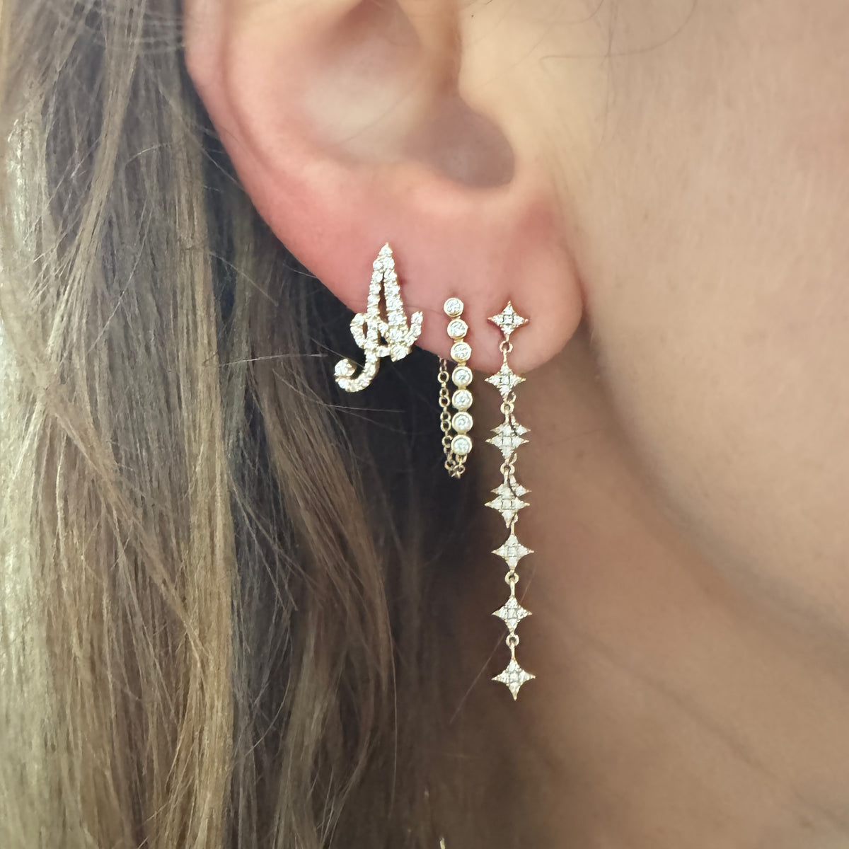 Multi Diamond Bezel Chain Stud Earring