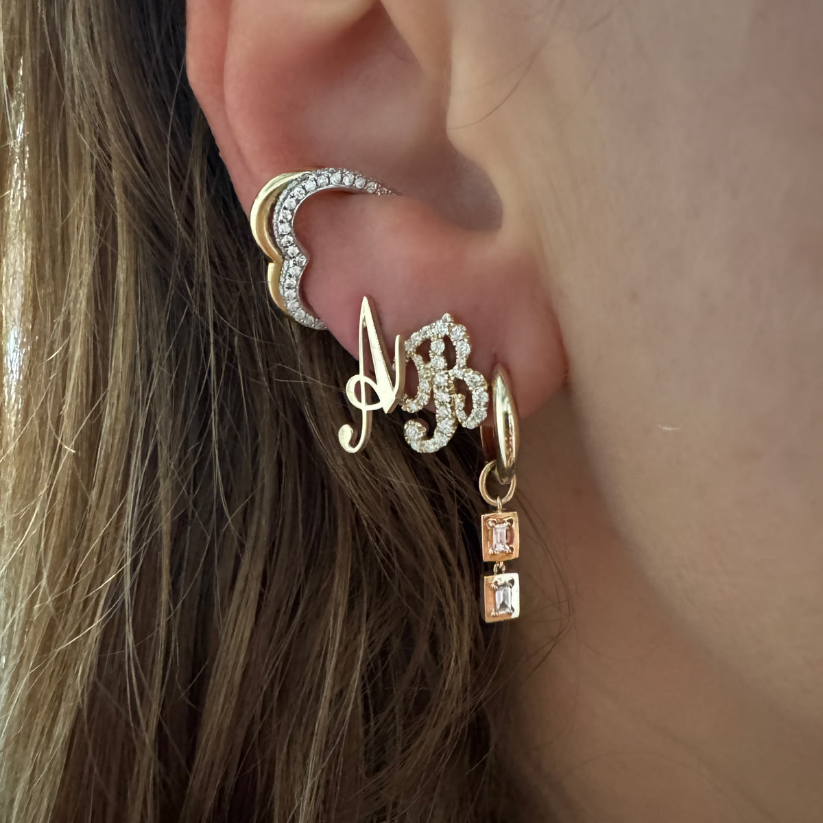 Gold Frame Double Baguette Diamond Huggie Hoop Earrings