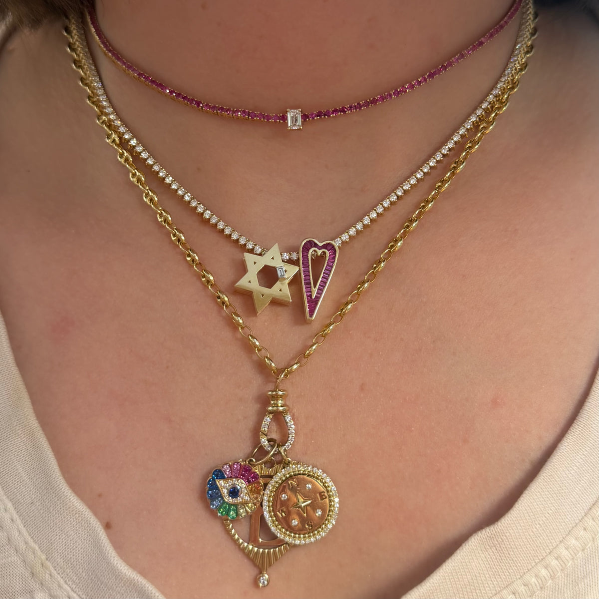 Ombre Pink Sapphire Tennis Necklace with Emerald Cut Diamond