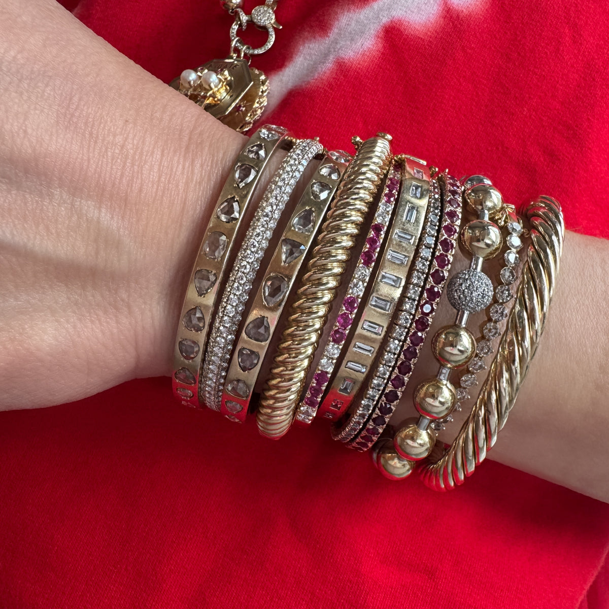 Pave Diamond & Gold Ball Bangle Bracelet