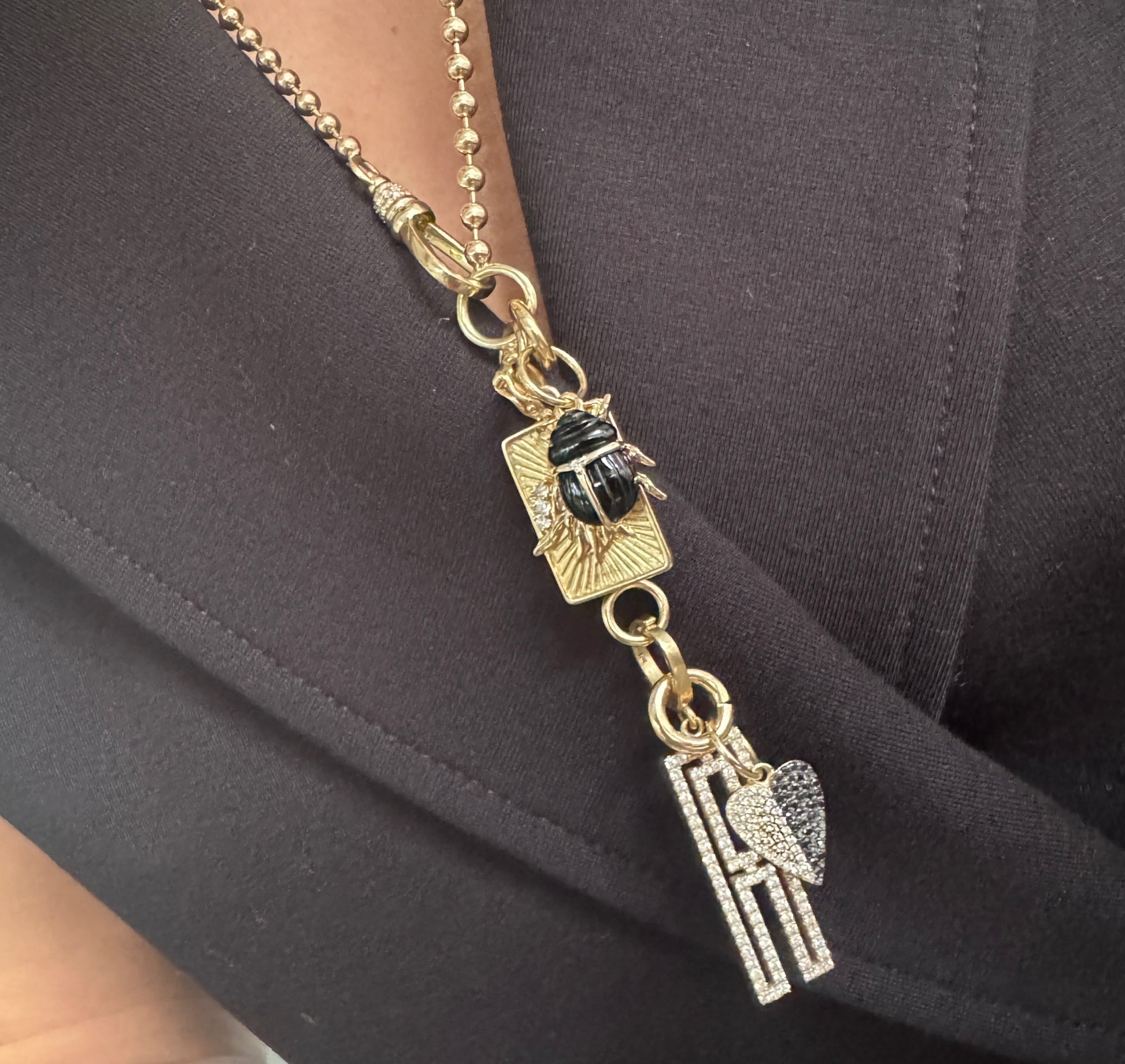 Gold Ball Chain Lariat Necklace with Diamond Clasp