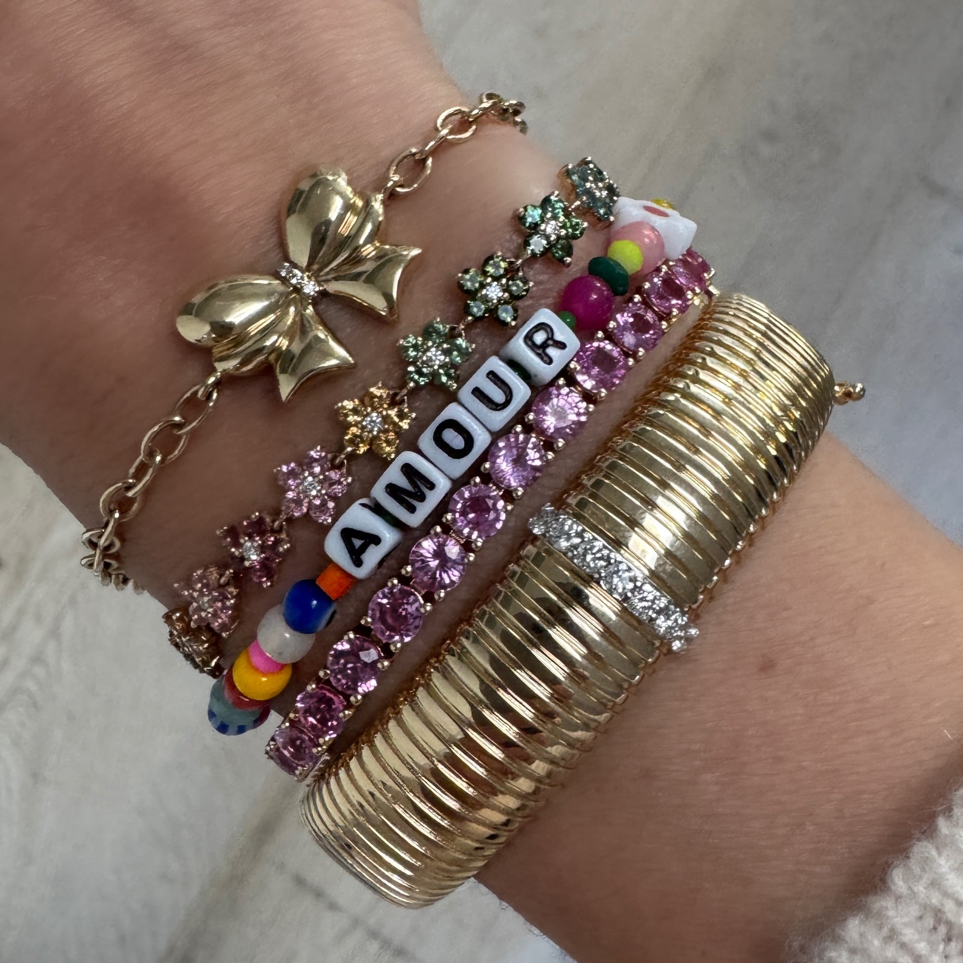 Medium or Large Wide Fluted Gold Bangle with Diamond Row
