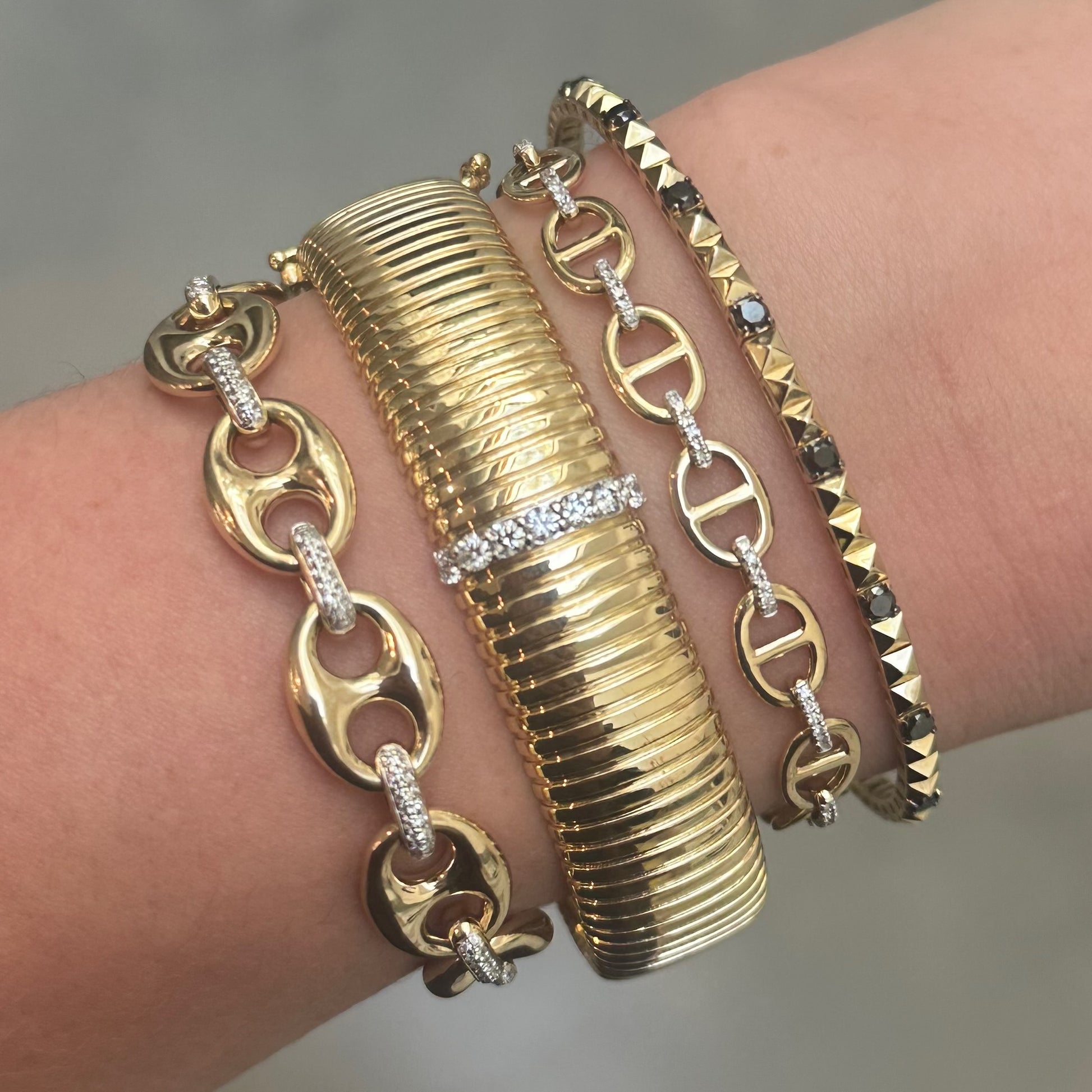 Medium or Large Wide Fluted Gold Bangle with Diamond Row