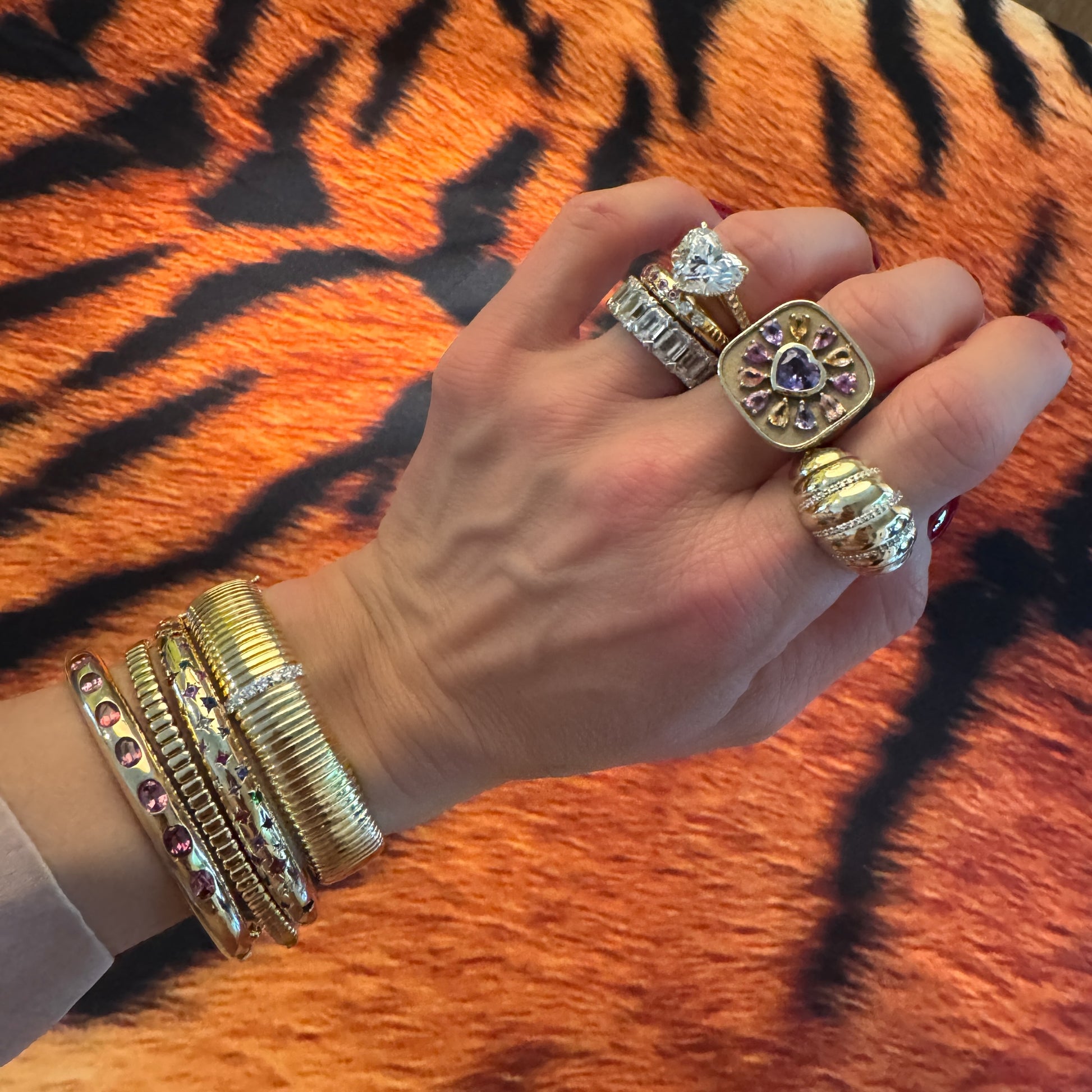 Medium or Large Wide Fluted Gold Bangle with Diamond Row