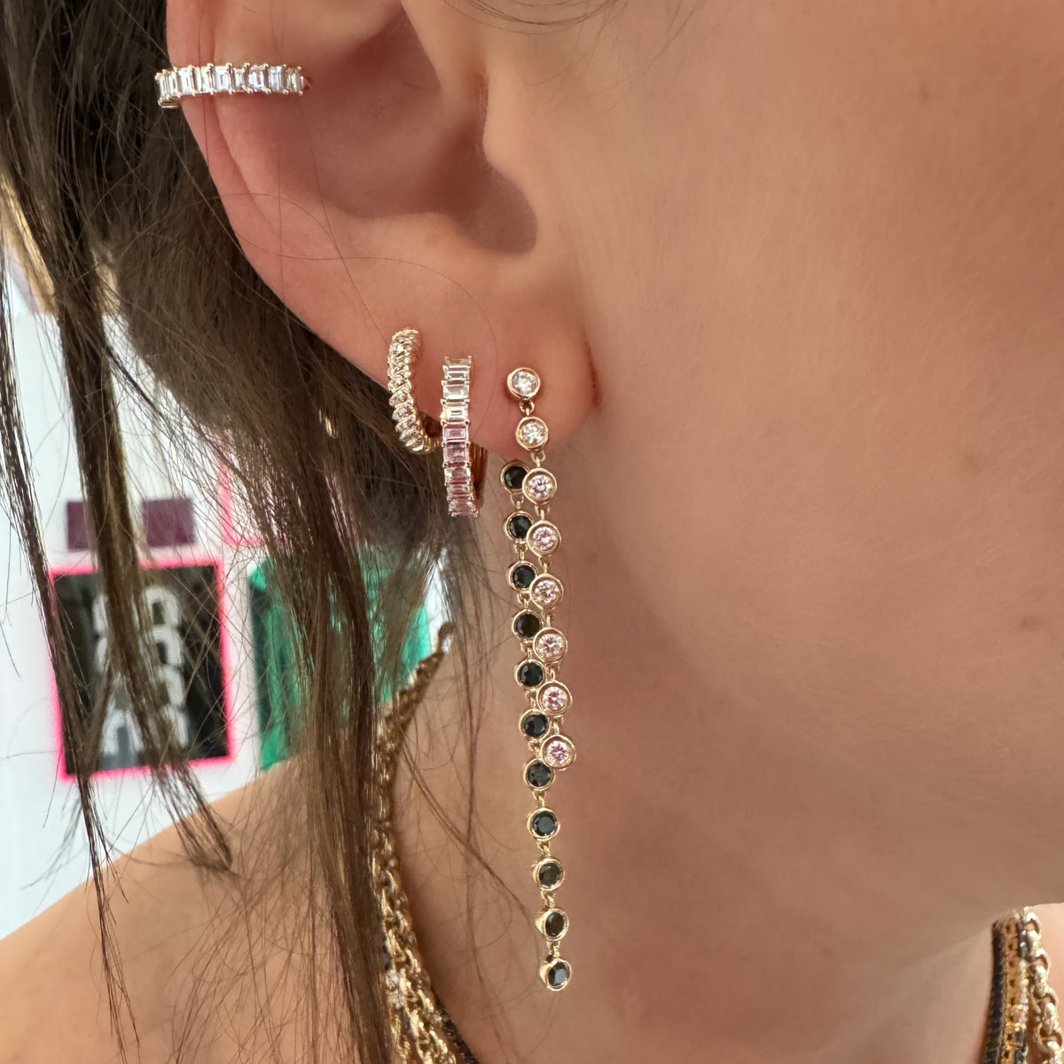 Prong Set Diamond Baguette Small Hoop Earrings