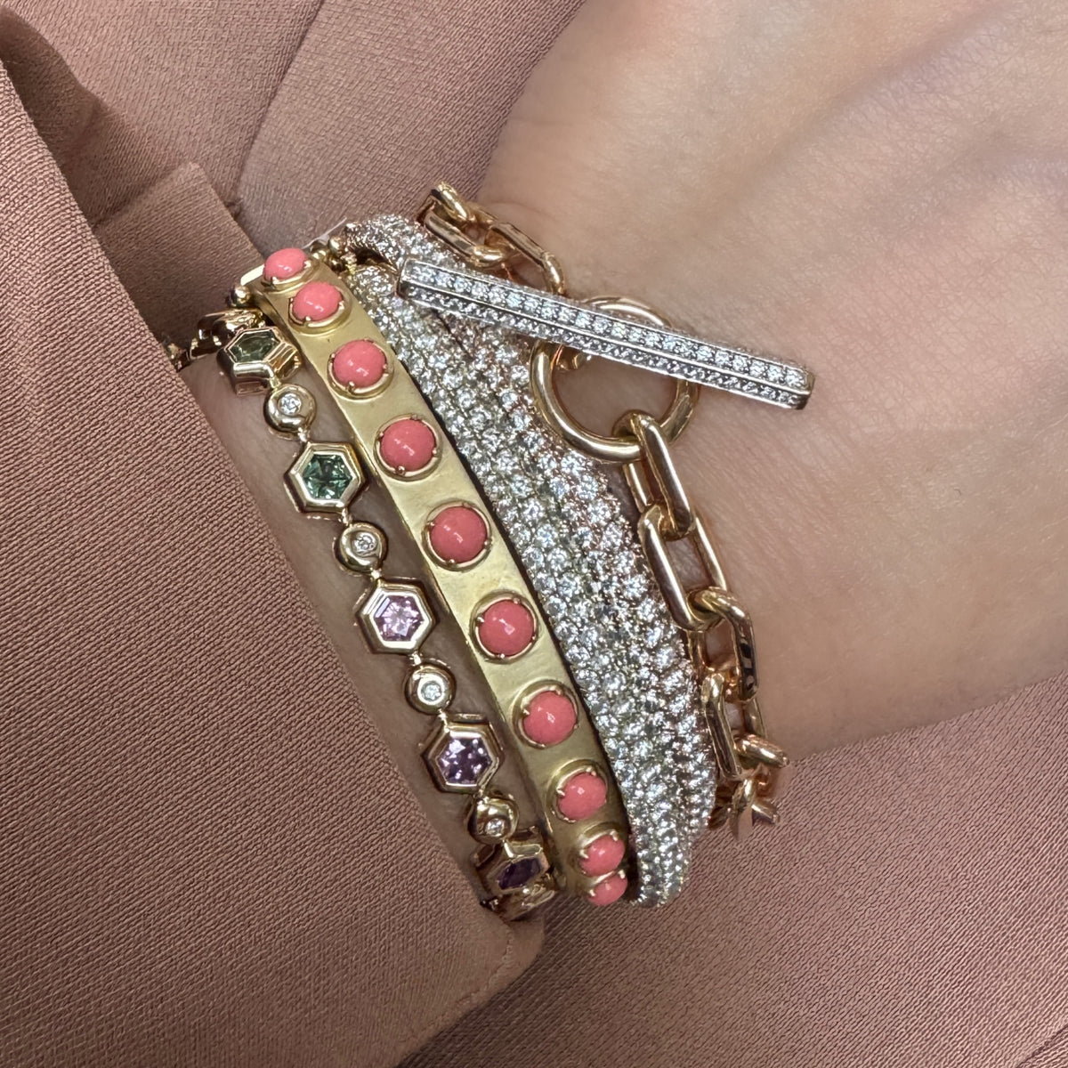 Matte Gold & Cabochon Gemstone Bangle Bracelet