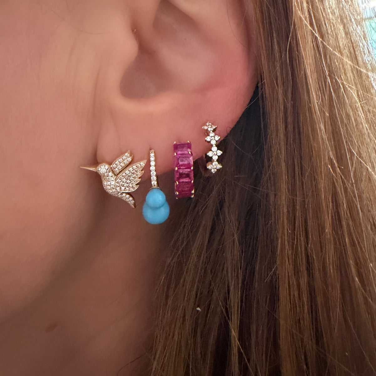Trio Gemstone & Pave Diamond Huggie Hoop Earrings