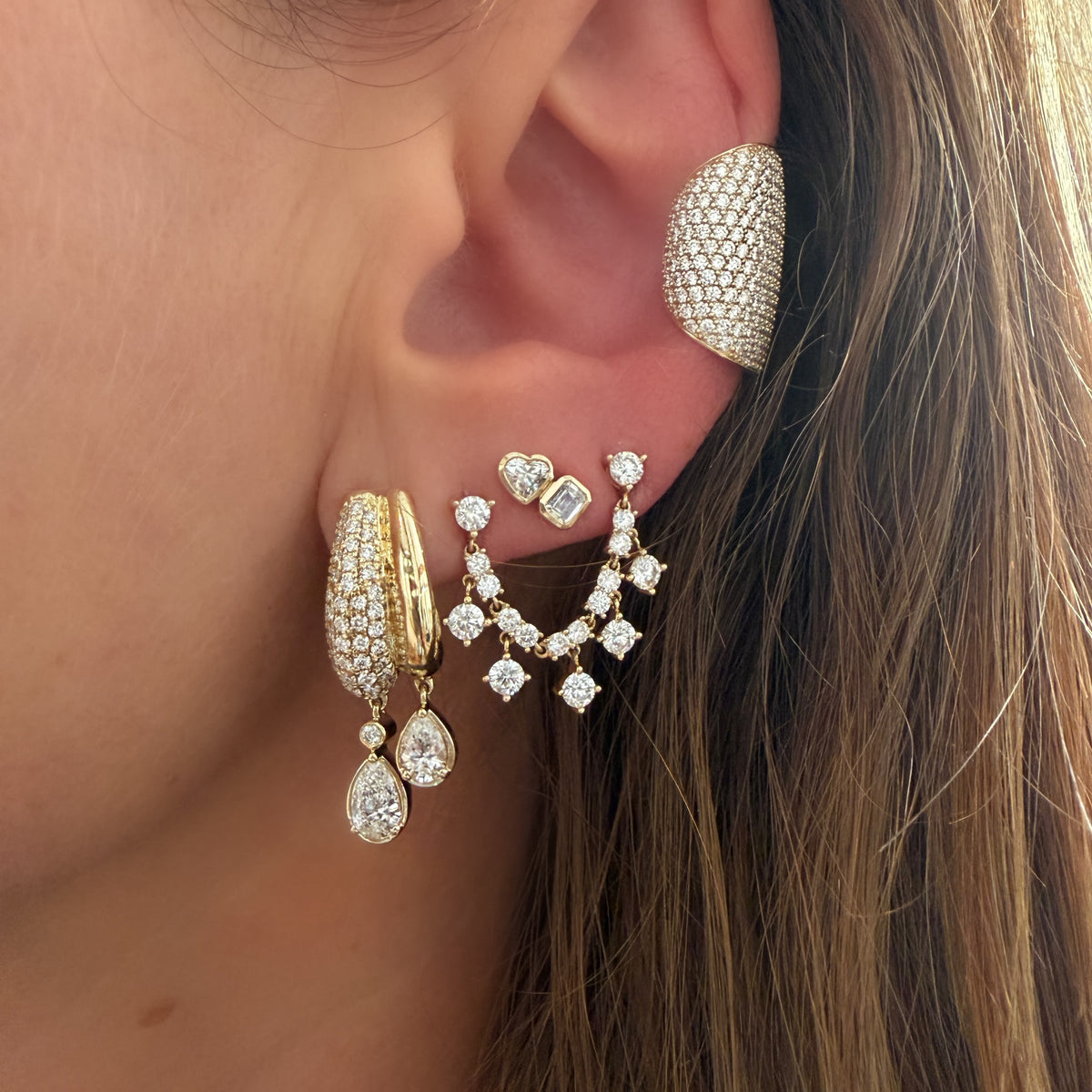 Duo Pear & Pave Diamond Drop Statement Stud Earrings