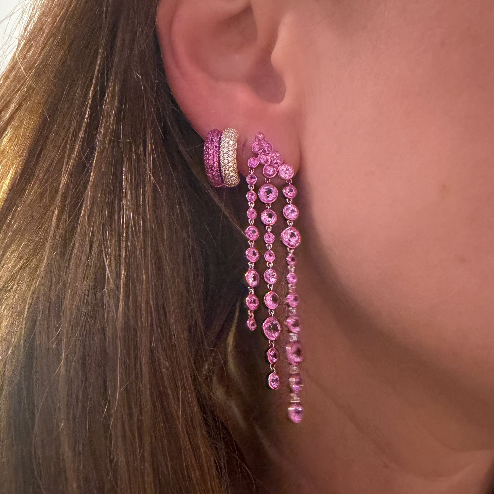 Graduated Bezel Set Pink Sapphire Cascade Earrings