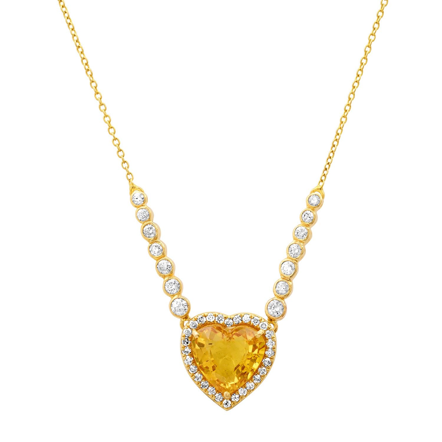 Yellow Sapphire Heart with Diamond Halo Necklace