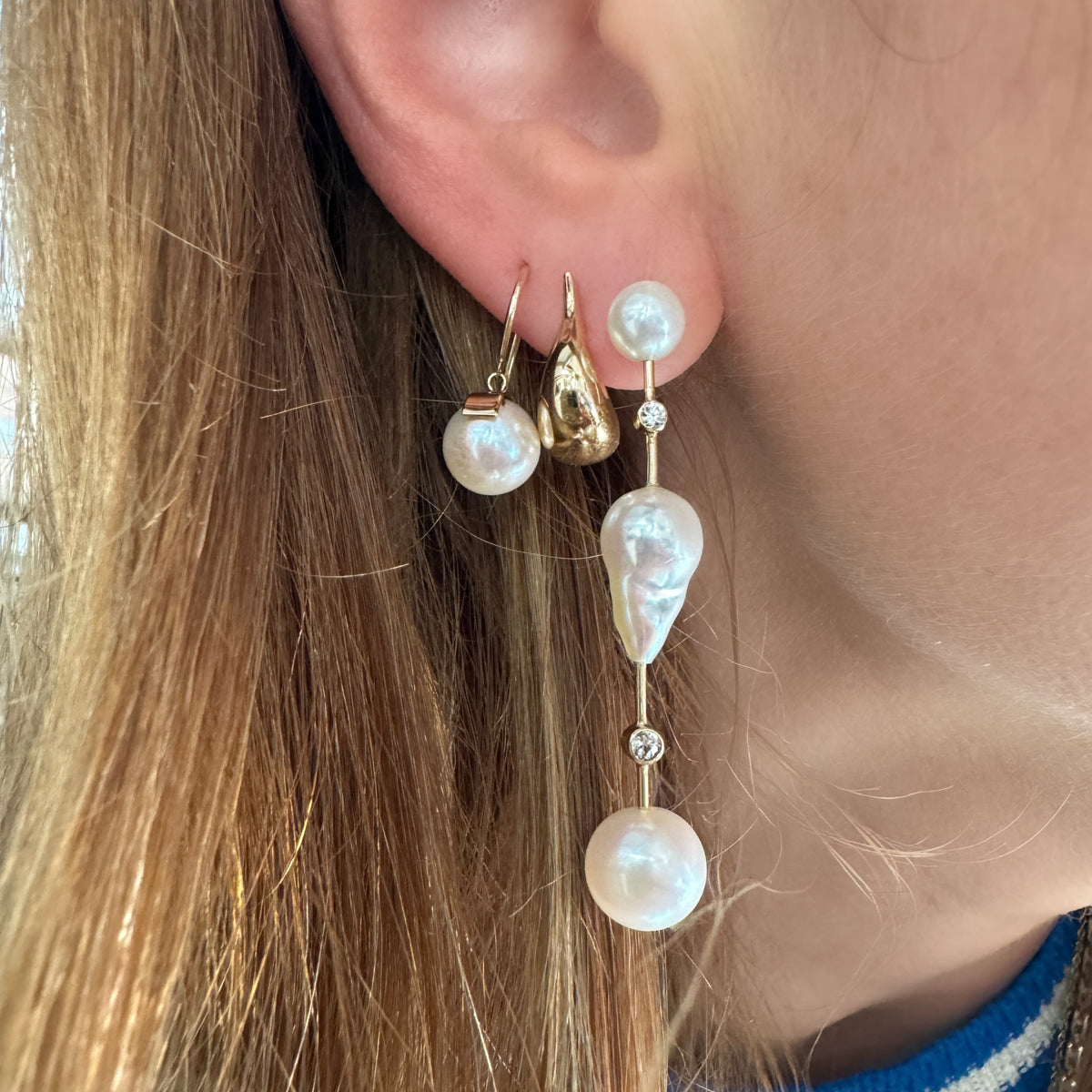 Round Cloudier Pearl & Diamond Bar Earrings