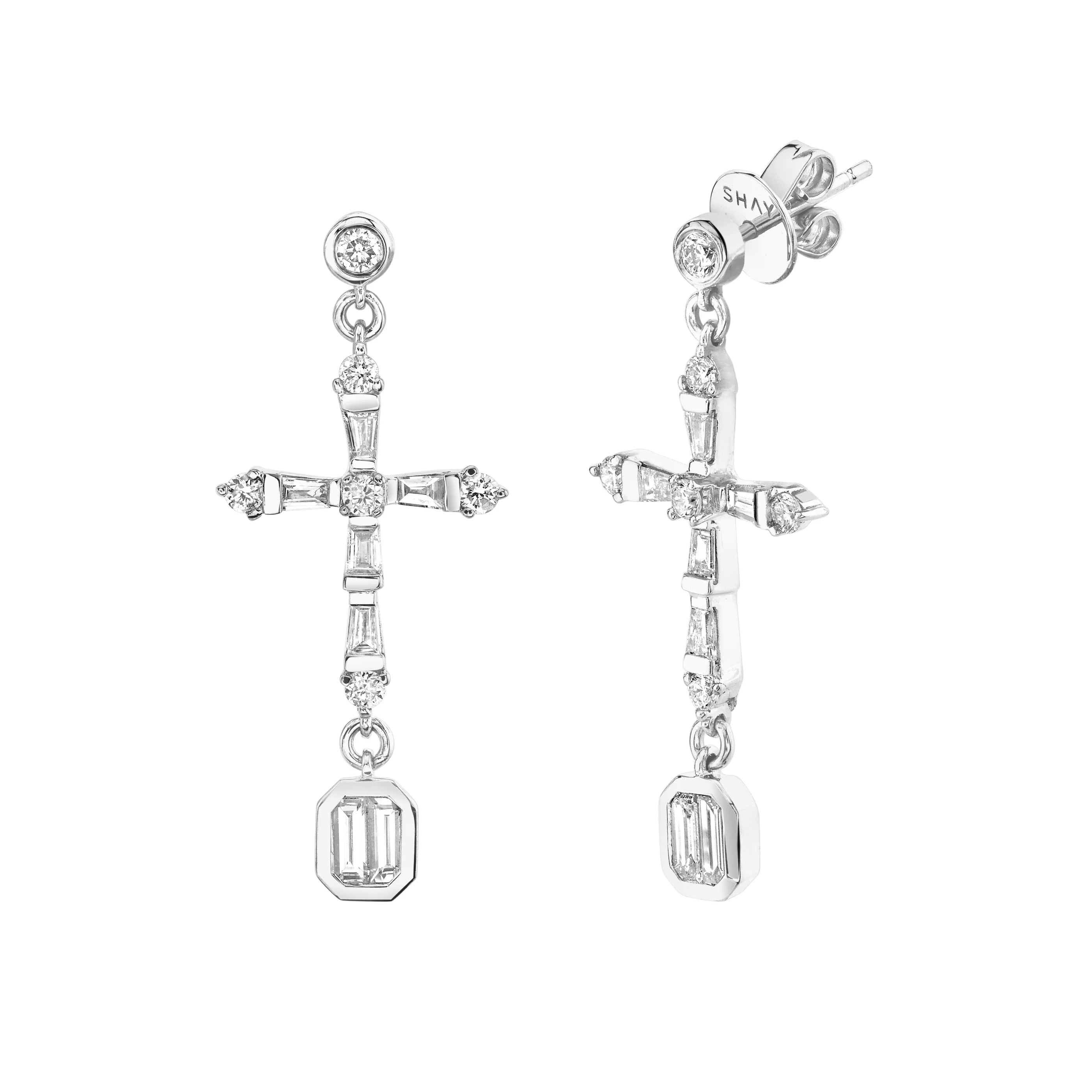 Diamond Baguette Cross Drop Earrings