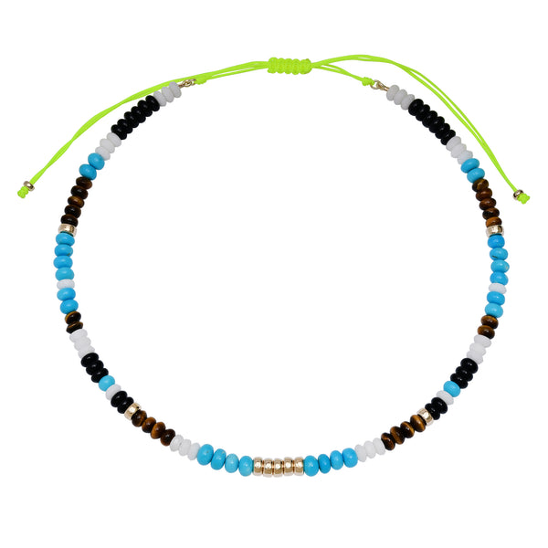 Turquoise, Tigers Eye & Black and White Onyx Adjustable Beaded Necklace with Gold Beads