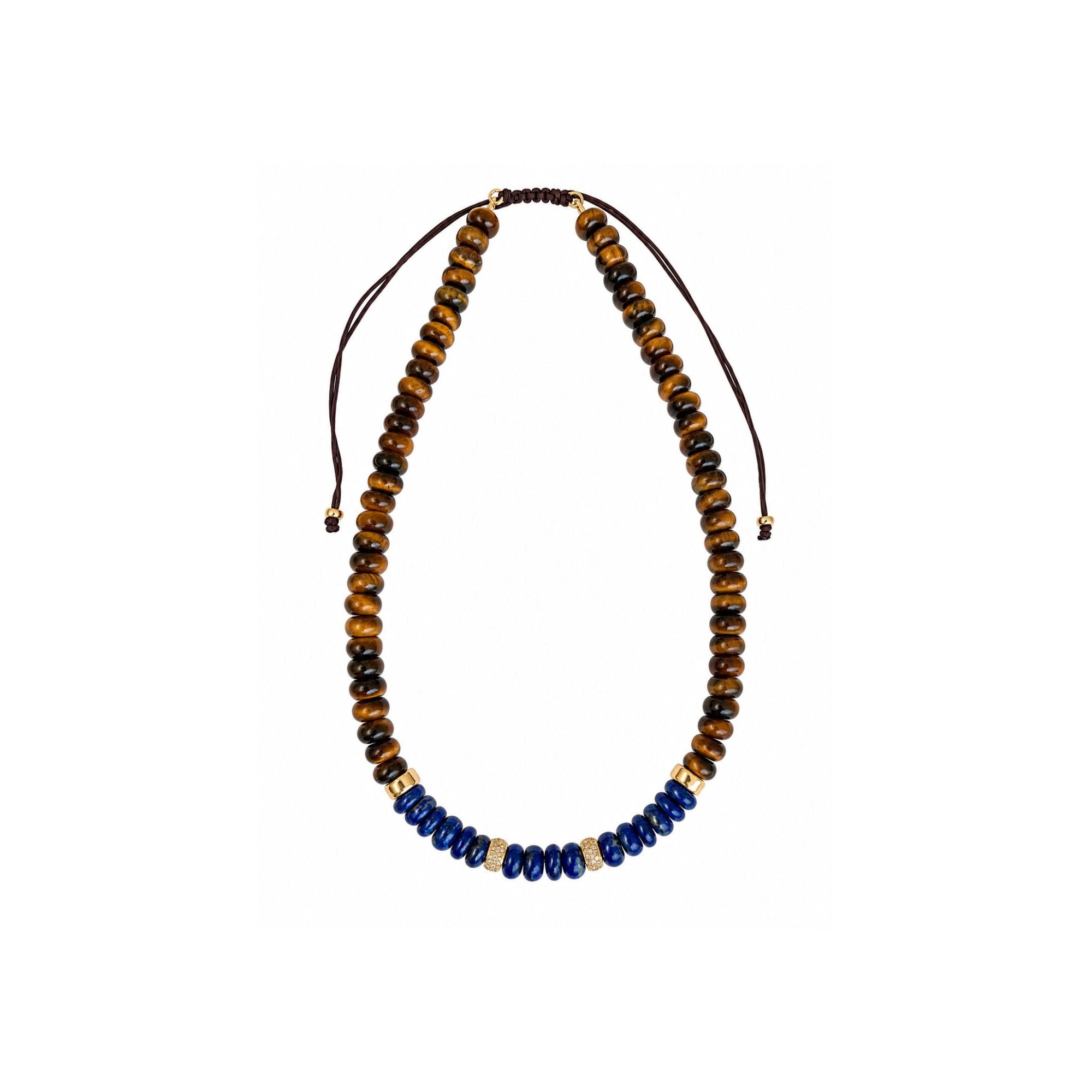 Tigers Eye & Lapis Adjustable Beaded Necklace with Gold & Diamond Beads
