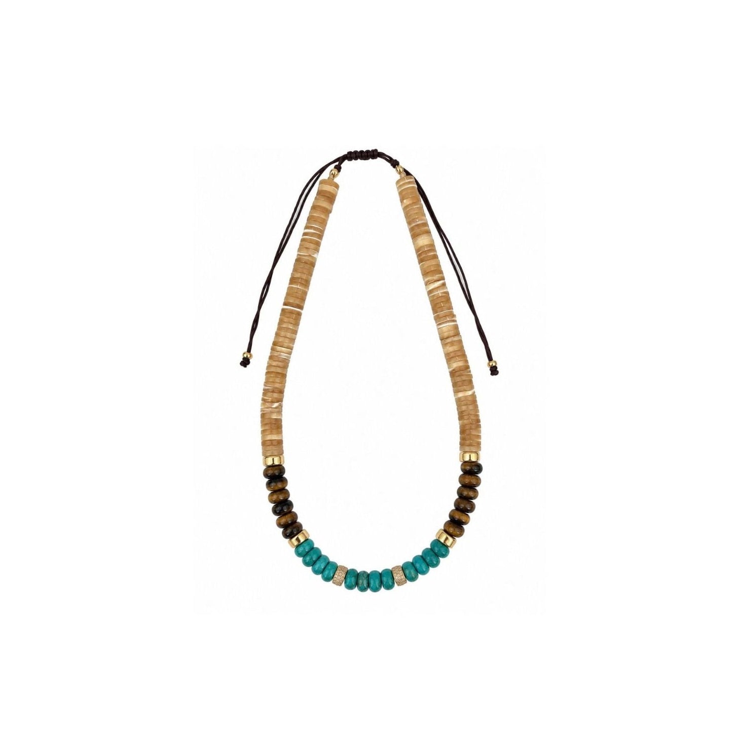 Mother of Pearl, Turquoise & Tigers Eye Adjustable Beaded Necklace with Gold & Diamond Beads