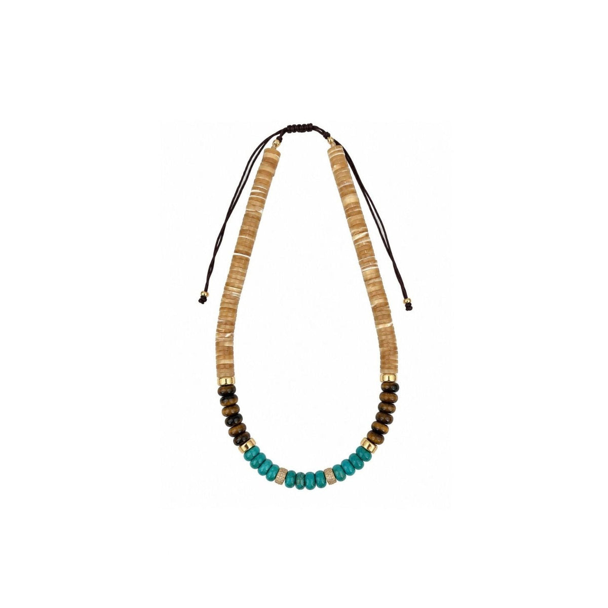 Mother of Pearl, Turquoise & Tigers Eye Adjustable Beaded Necklace with Gold & Diamond Beads