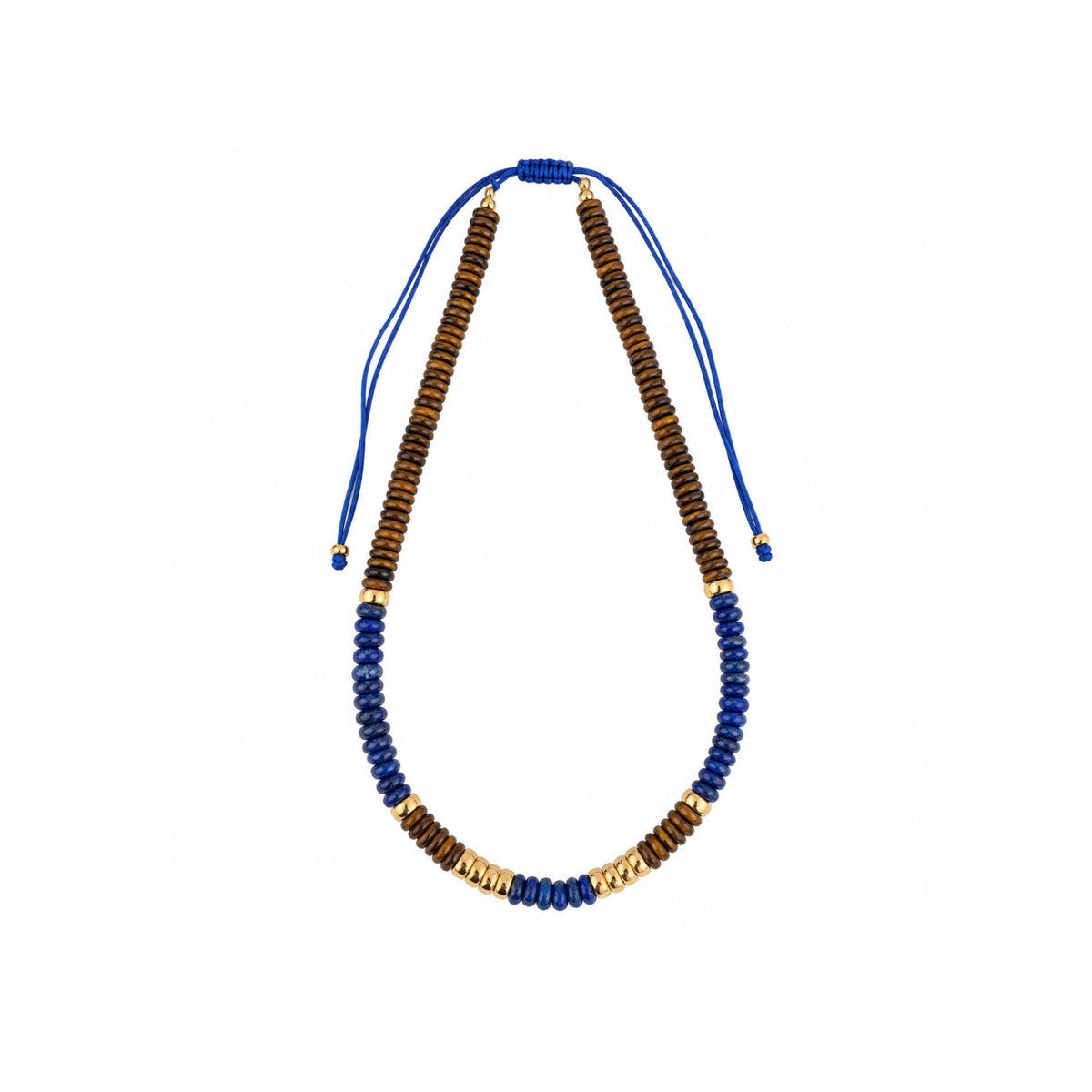 Tigers Eye & Lapis Adjustable Beaded Necklace with Gold Beads