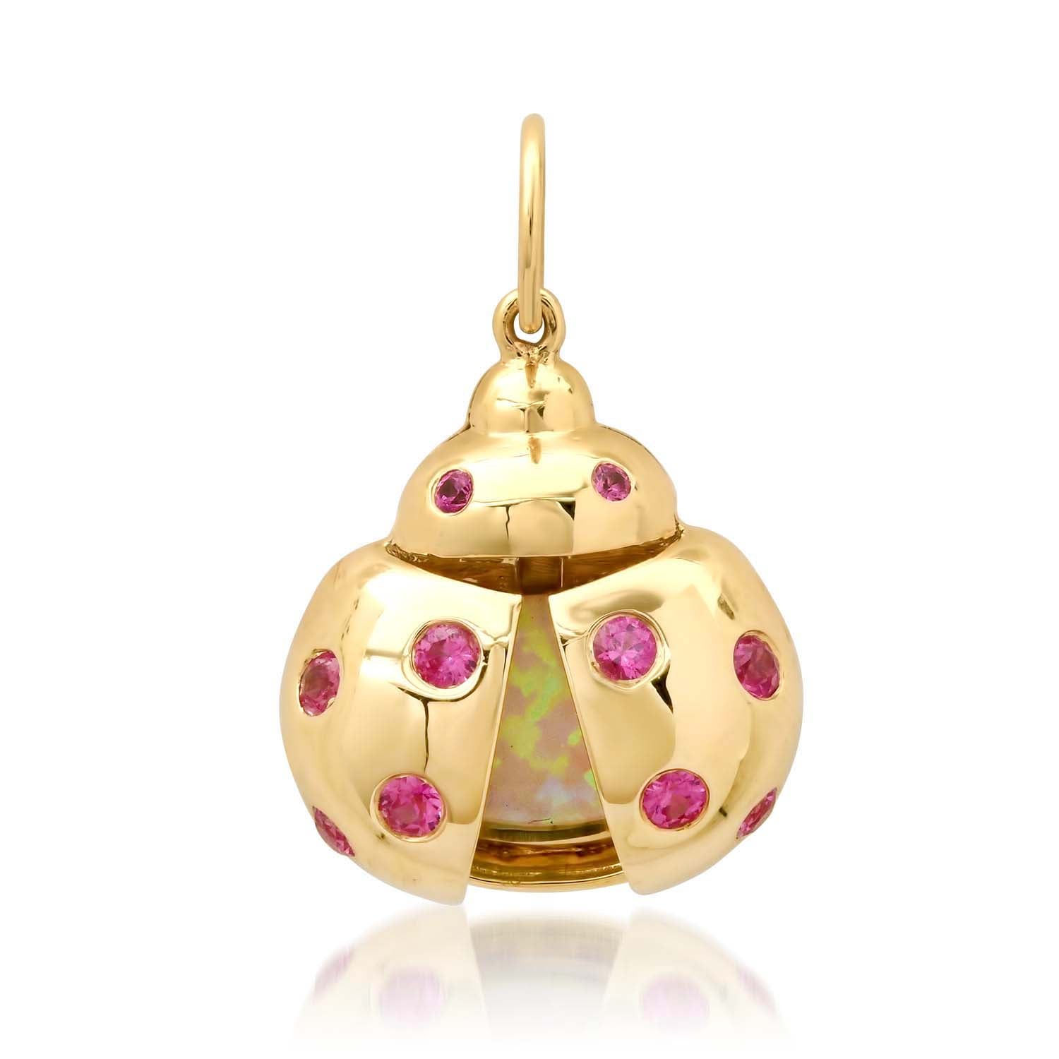 Scattered Pink Sapphire & Opal Ladybug Charm Pendant