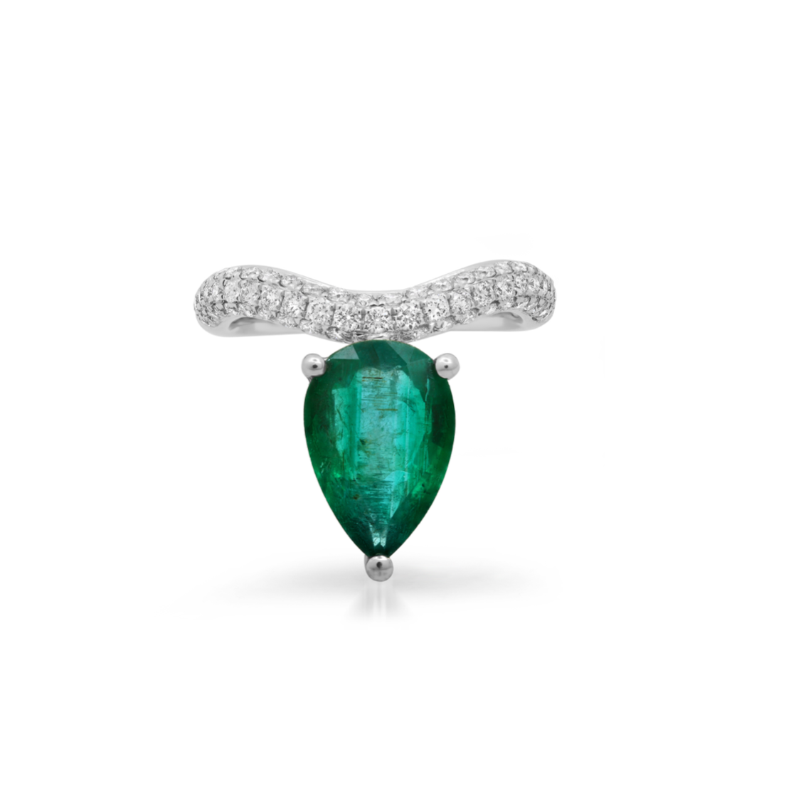 One of a Kind Large Fancy Pear Shape Emerald & Diamond Wave Ring