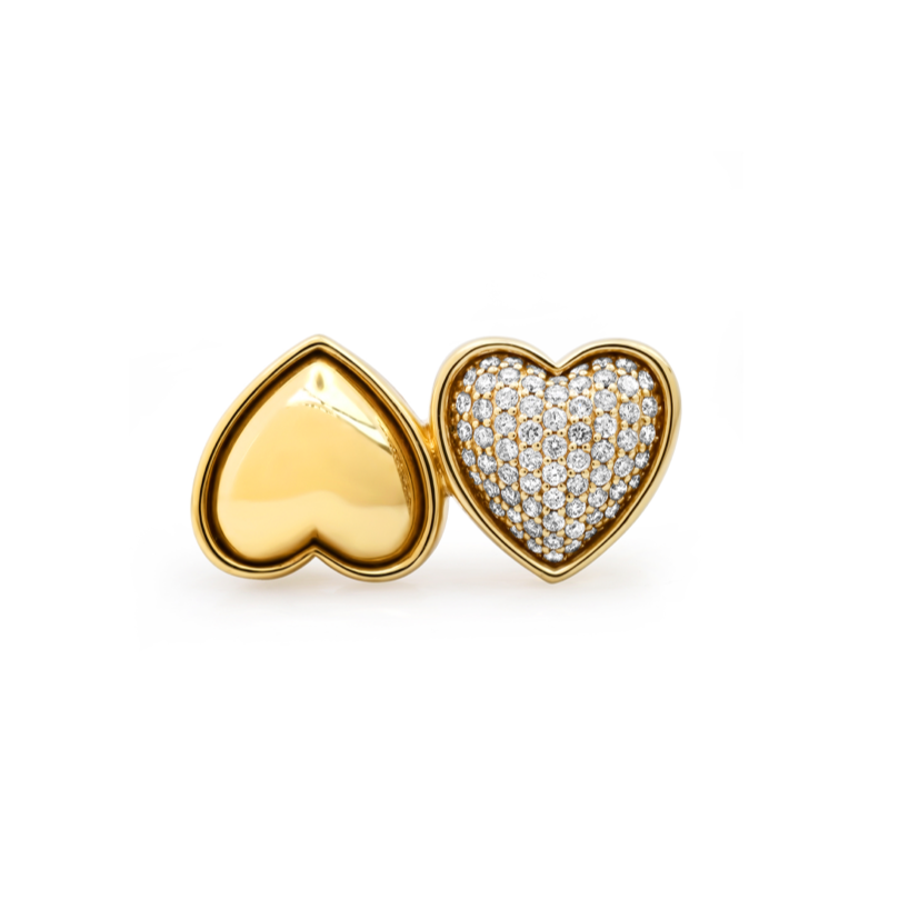 Double Puffer Gold & Diamond Heart Ring