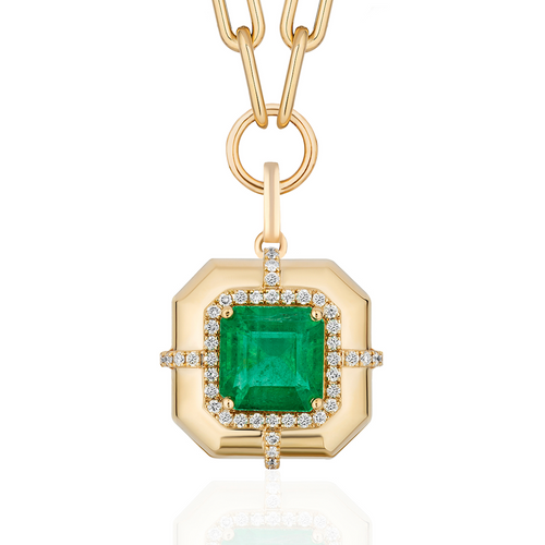 Square Emerald & Diamond Pendant Necklace