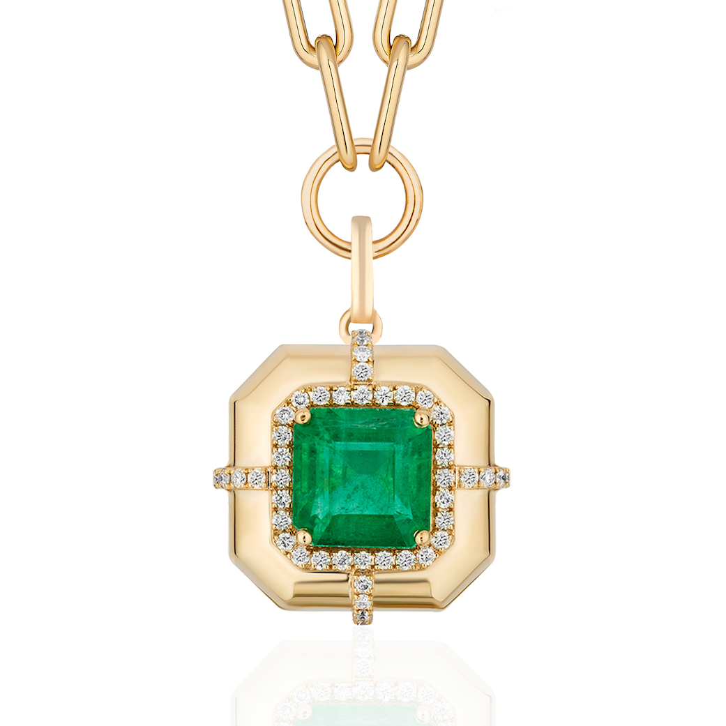 Square Emerald & Diamond Pendant Necklace