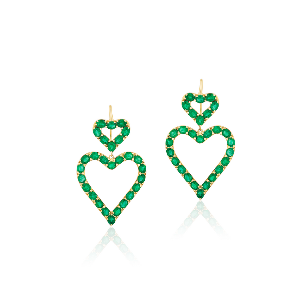 Jumbo Double Heart Emerald Drop Earrings