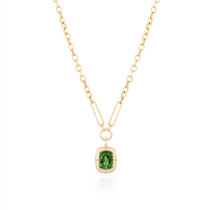 Green Tourmaline & Diamond Cushion Cut Pendant Chain Necklace