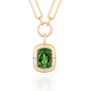 Green Tourmaline & Diamond Cushion Cut Pendant Chain Necklace