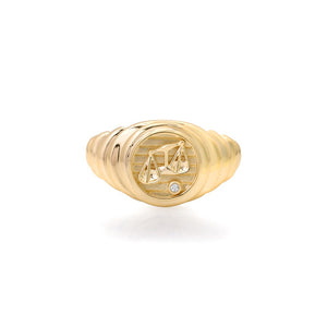 Diamond & Fluted Gold Zodiac Medallion Signet Ring