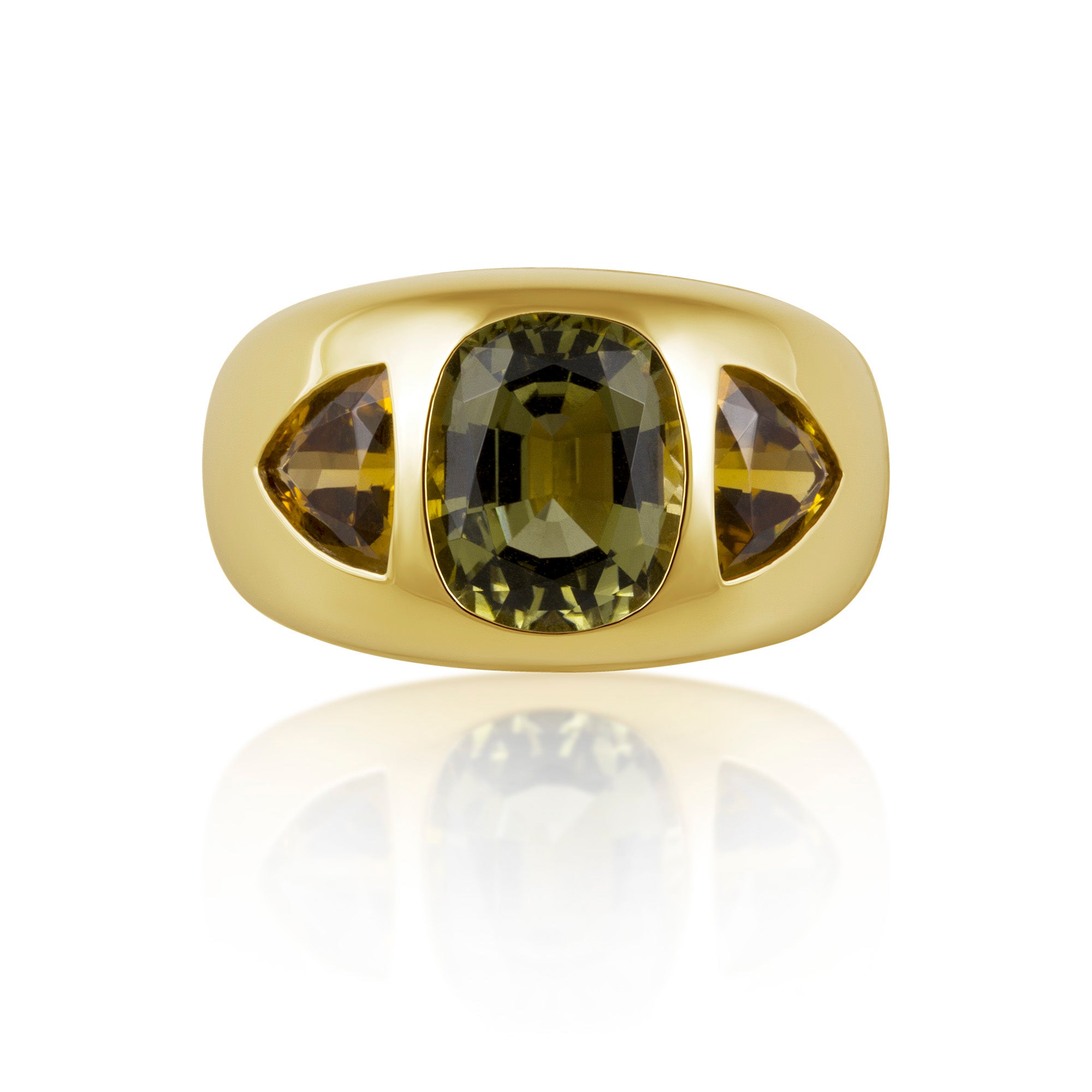 Cushion & Trillion Cut Green & Yellow Tourmaline Chunky Nomad Ring