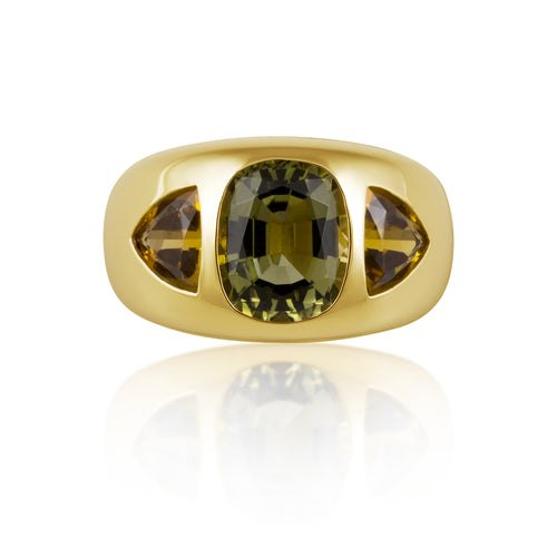 Cushion & Trillion Cut Green & Yellow Tourmaline Chunky Nomad Ring
