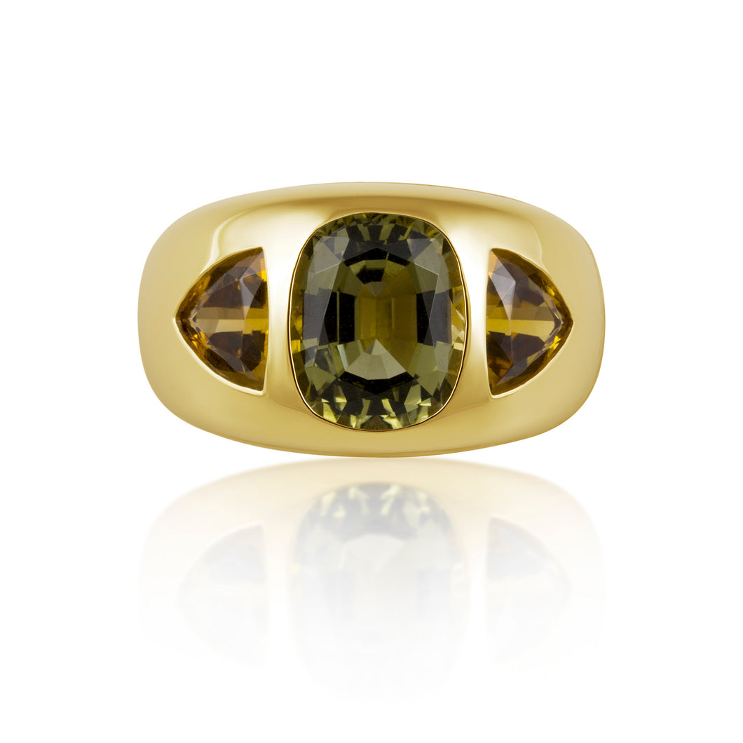 Cushion & Trillion Cut Green & Yellow Tourmaline Chunky Nomad Ring