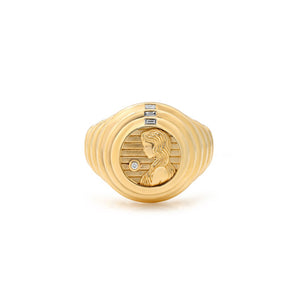 Diamond & Fluted Gold Zodiac Medallion Signet Ring