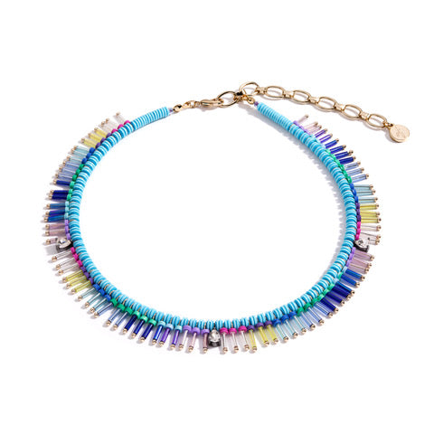 African beaded necklace, Blue Tribal fringe neck piece