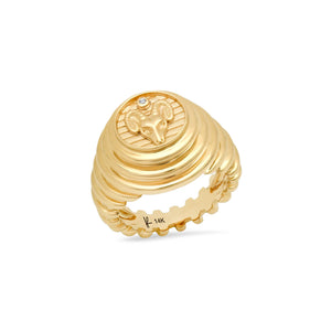 Diamond & Fluted Gold Zodiac Medallion Signet Ring