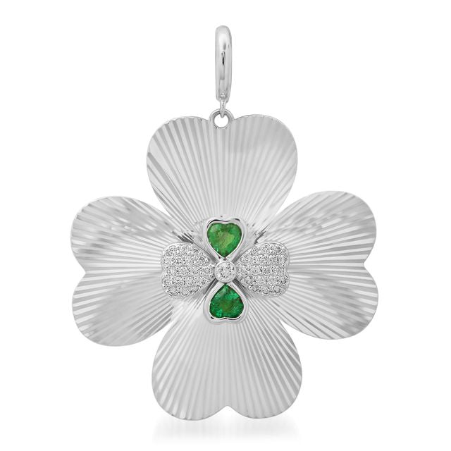 Jumbo Emerald & Diamond Fluted Clover Charm Pendant