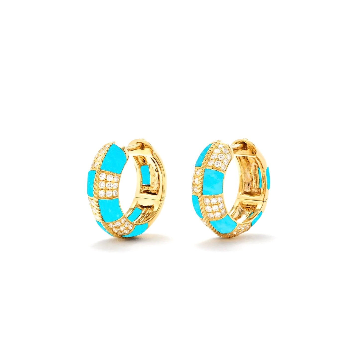 Damier Turquoise or Onyx & Diamond Huggie Hoop Earrings