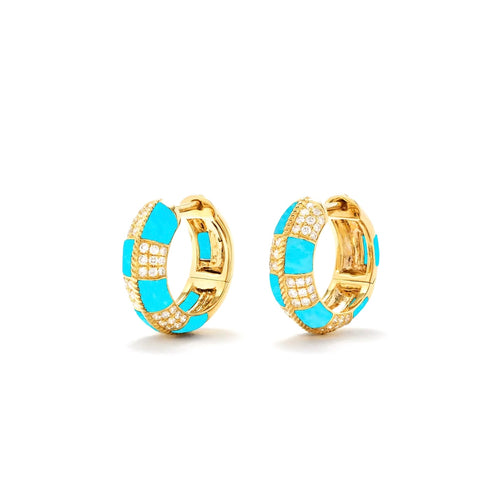 Damier Turquoise or Onyx & Diamond Huggie Hoop Earrings