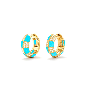 Damier Turquoise or Onyx & Diamond Huggie Hoop Earrings