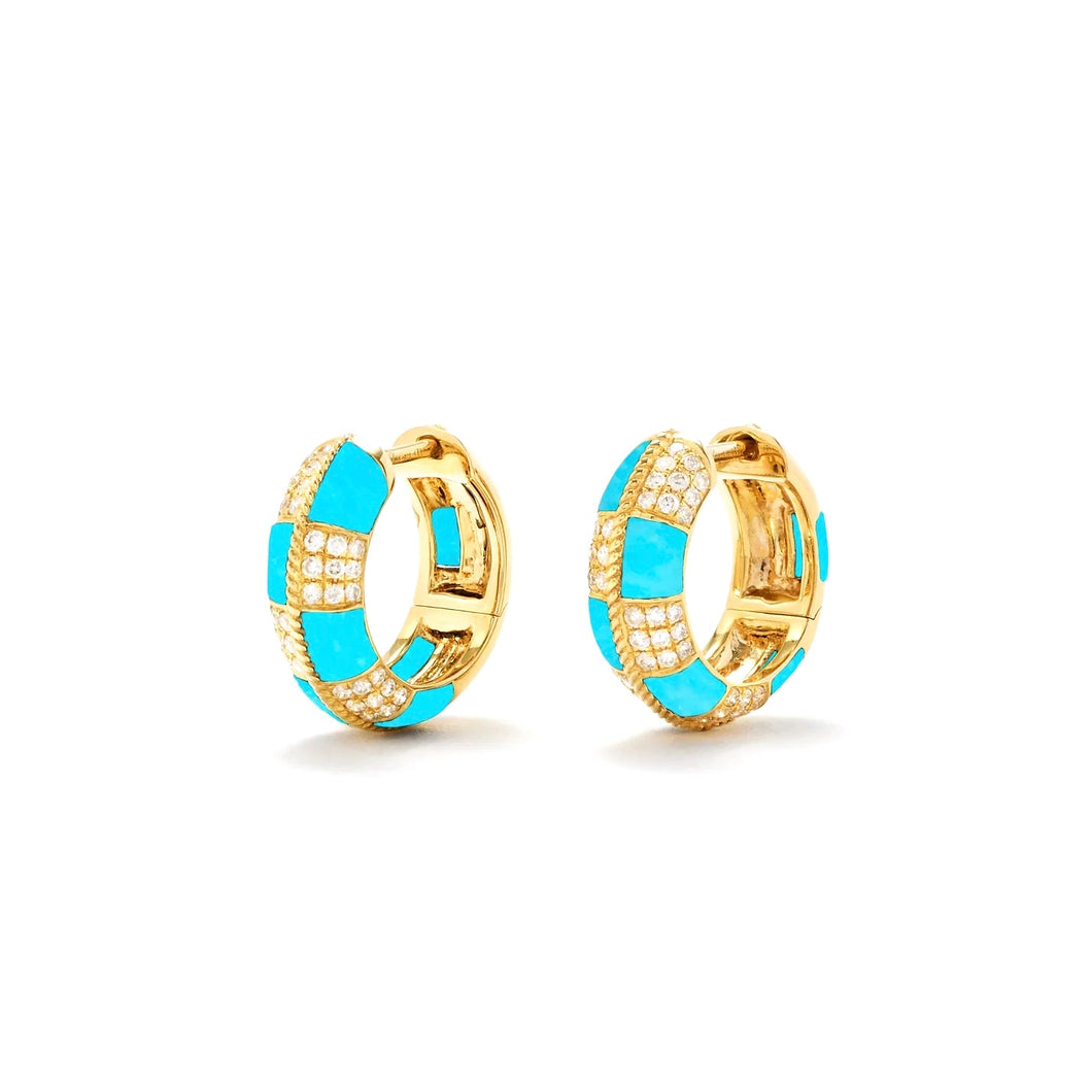 Damier Turquoise or Onyx & Diamond Huggie Hoop Earrings