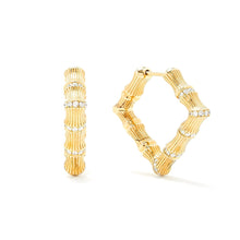 Small or Large Bamboo Fluted Gold & Diamond Hoop Earrings