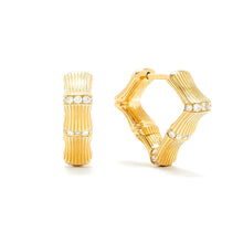 Small or Large Bamboo Fluted Gold & Diamond Hoop Earrings